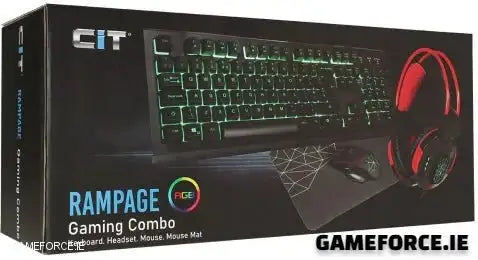 CiT Rampage RGB Gaming Combo Set showcasing keyboard, mouse, headset, and mouse pad with vibrant RGB lighting.