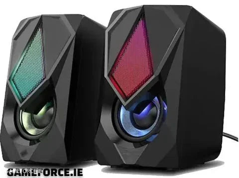 PC-LINK SCREECH-K9 GM11 USB speakers on a desk, showcasing sleek and stylish design for gaming and work setups.