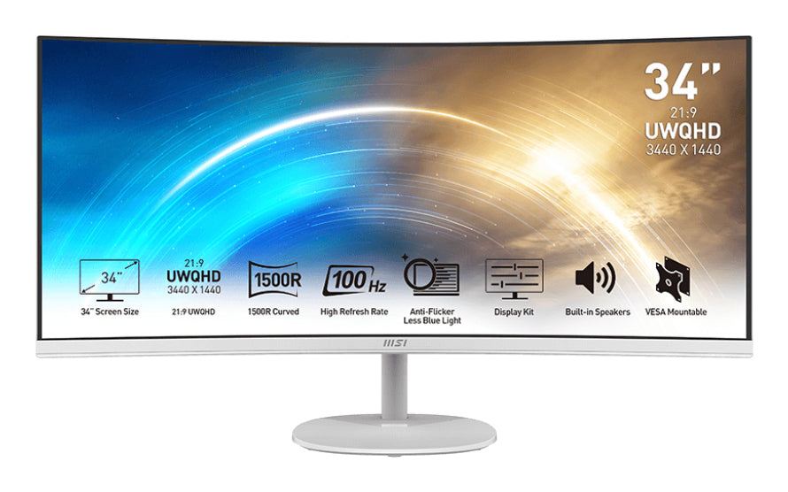MSI Pro MP341CQWDE computer monitor 86.4 cm (34") 3440 x 1440 pixels UltraWide Quad HD White