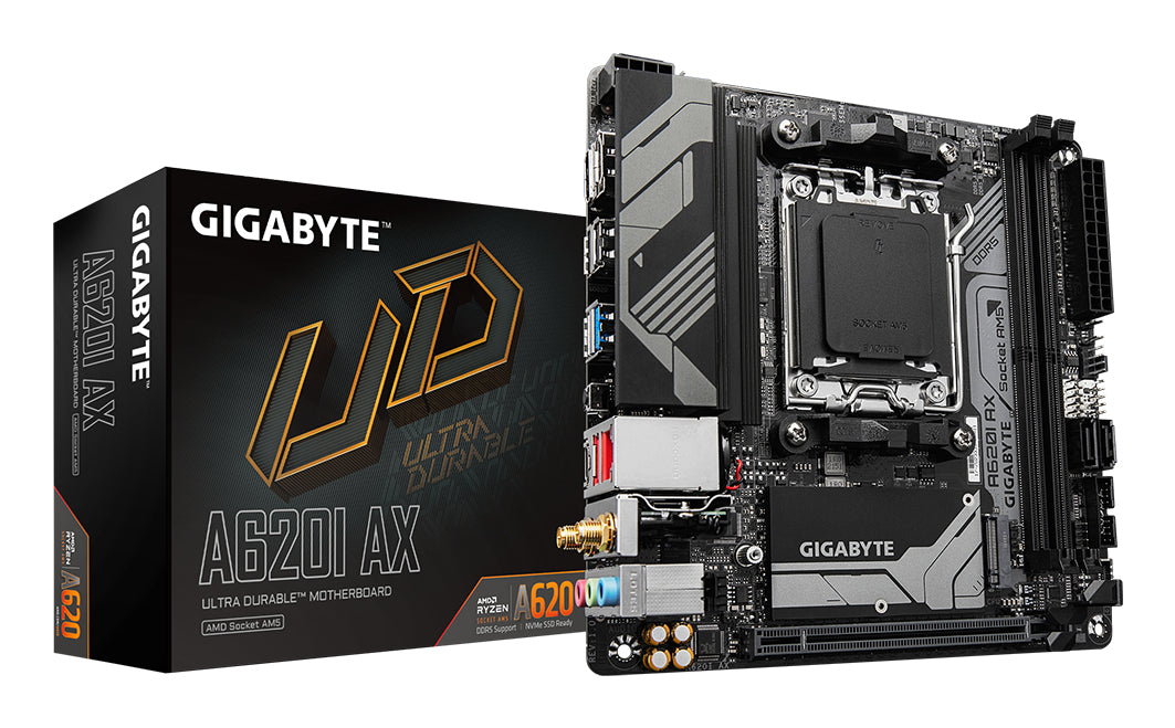 GIGABYTE A620I AX Motherboard - Supports AMD Ryzen 8000 CPUs, 5+2+1 Phases Digital VRM, up to 6400MHz DDR5 (OC), 1xPCIe 4.0 M.2, Wi-Fi 6E, 2.5GbE LAN, USB 3.2 Gen 2