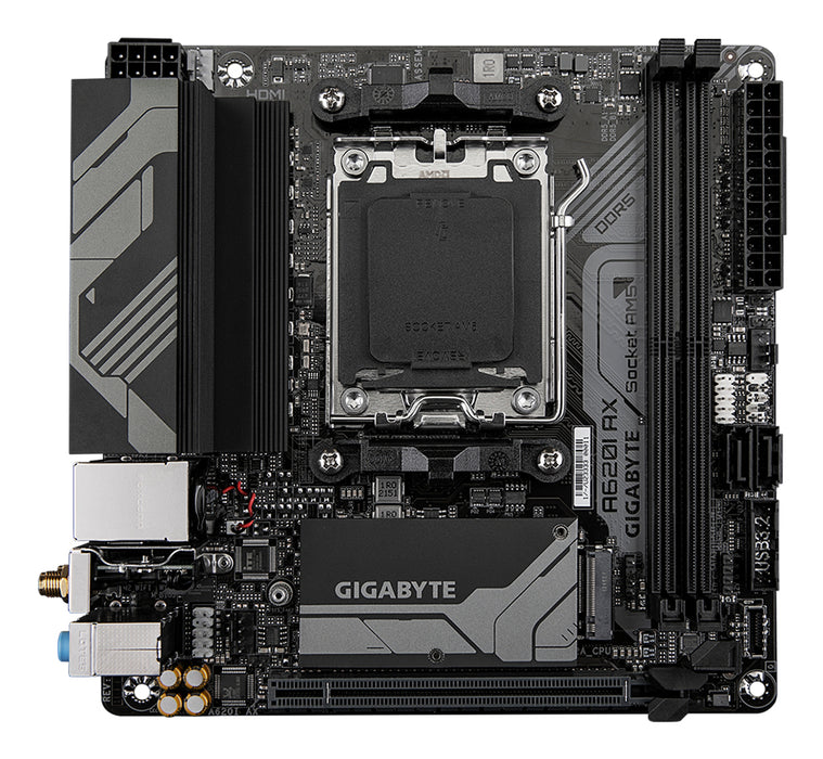 GIGABYTE A620I AX Motherboard - Supports AMD Ryzen 8000 CPUs, 5+2+1 Phases Digital VRM, up to 6400MHz DDR5 (OC), 1xPCIe 4.0 M.2, Wi-Fi 6E, 2.5GbE LAN, USB 3.2 Gen 2