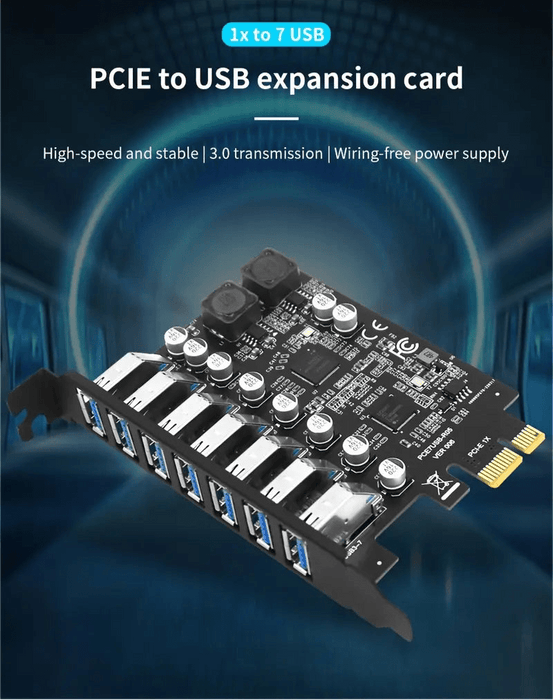 PCIe to USB expansion card with Tishric branding on a dark background