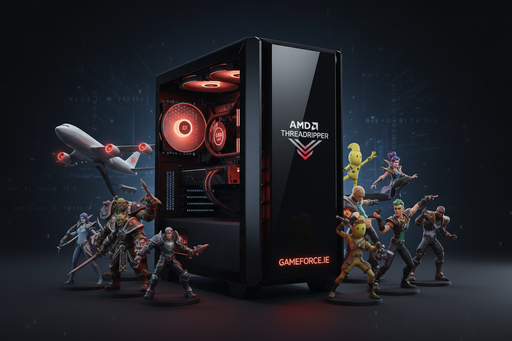 AMD THREADRIPPER MIDI TOWER PC SURROUNDED BY CHARACTERS FROM PC GAMES , FLIGHT SIMULATOR , WORLD OF WARCRAFT , BALDURS GATE , FORTNITE , LEAGUE OF LEGENDS , AMD THREAPRIPPER LOGO ON MIDI TOWER PC , DARK BACKGROUND WITH GAMEFORCE.IE LOGO IN WHITE