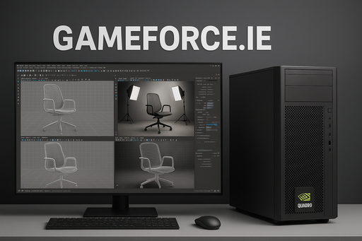 large 4k monitor on desk beside tower pc with 3d rendering app running on monitor , nvidia quadro logo small on the tower pc , dark grey background with gameforce.ie logo in white